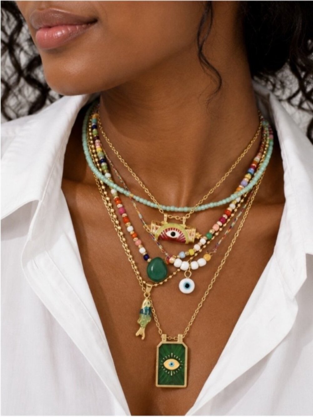 New! Coastal Green Fish Evil Eye Necklace Stack Set 6 Pieces NWOT (1071)